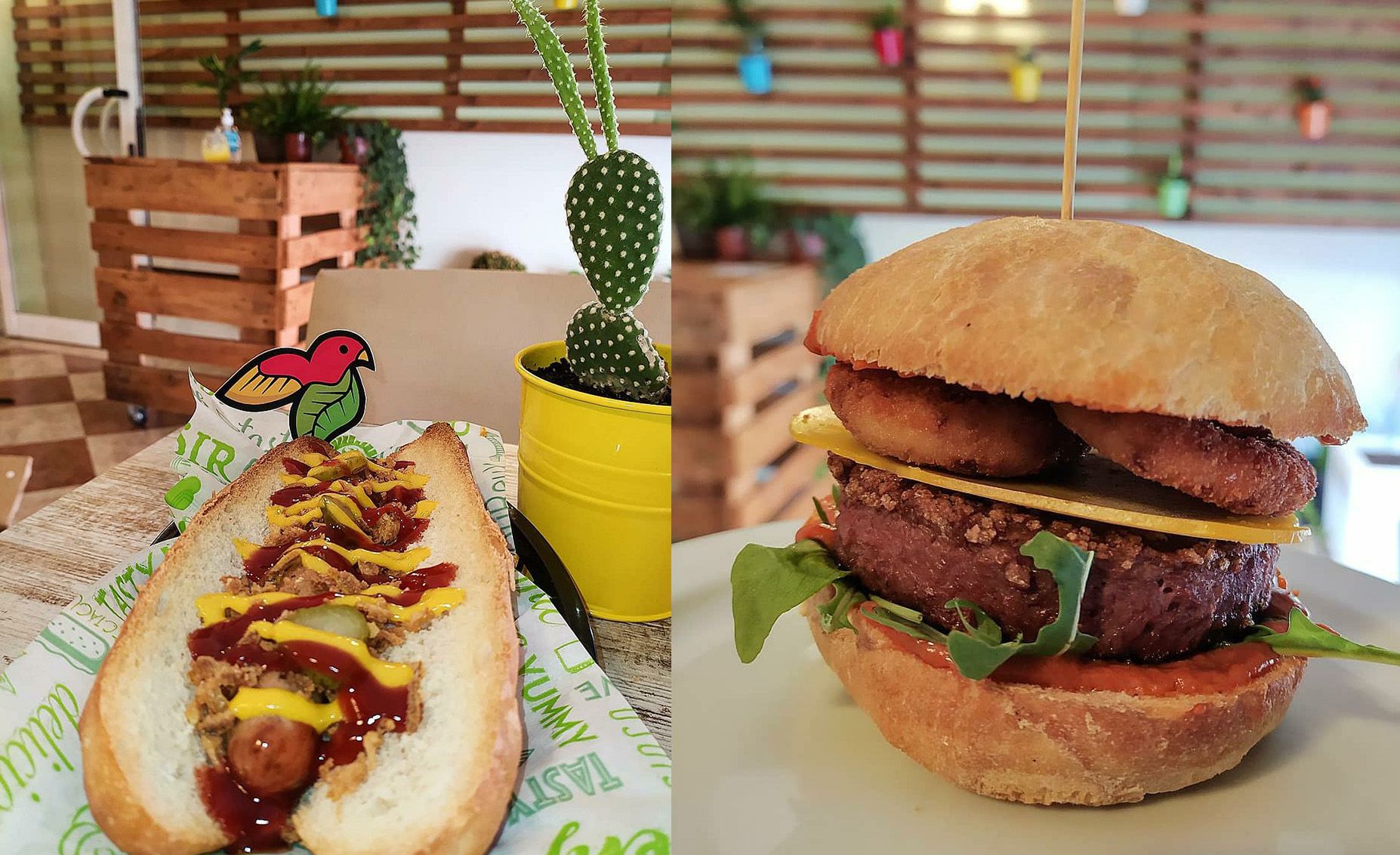 Una hamburguesa i un hot dog vegans del restaurant El Jardí de Mataró