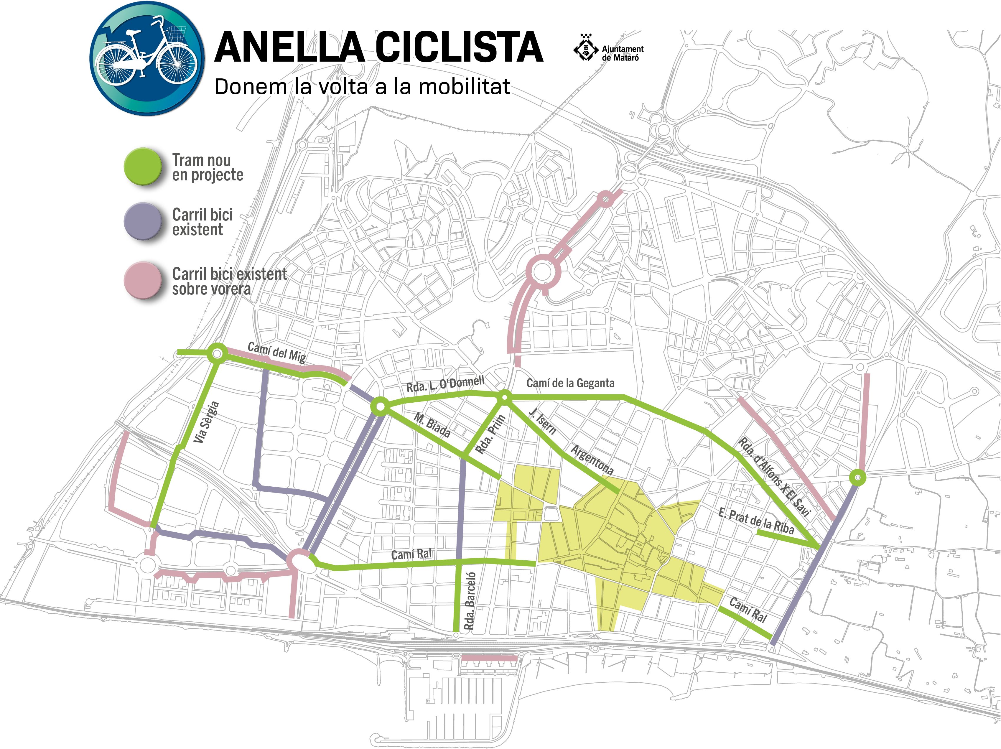 Plànol dels carrils previstos a la primera fase de l'Anella Ciclista