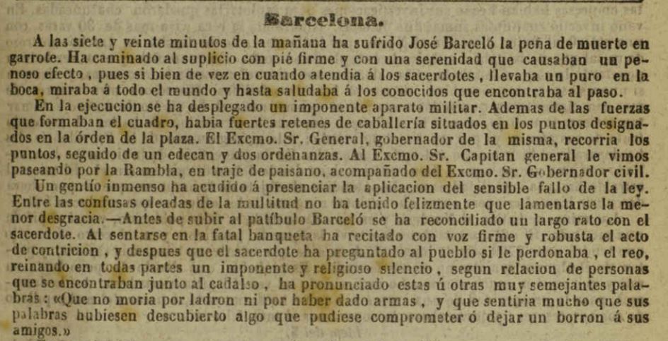 Notícia de l'execució de Josep Barceló apareguda a la premsa de l'època