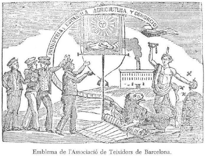 Emblema de l'Associació de Teixidors de Barcelona. Font: Costa i Oller, Francesc (1985). Mataró liberal 1820-1856. La ciutat dels burgesos i els proletaris. Premi Iluro de Monografia Històrica, 1984, 2a edició, 2014