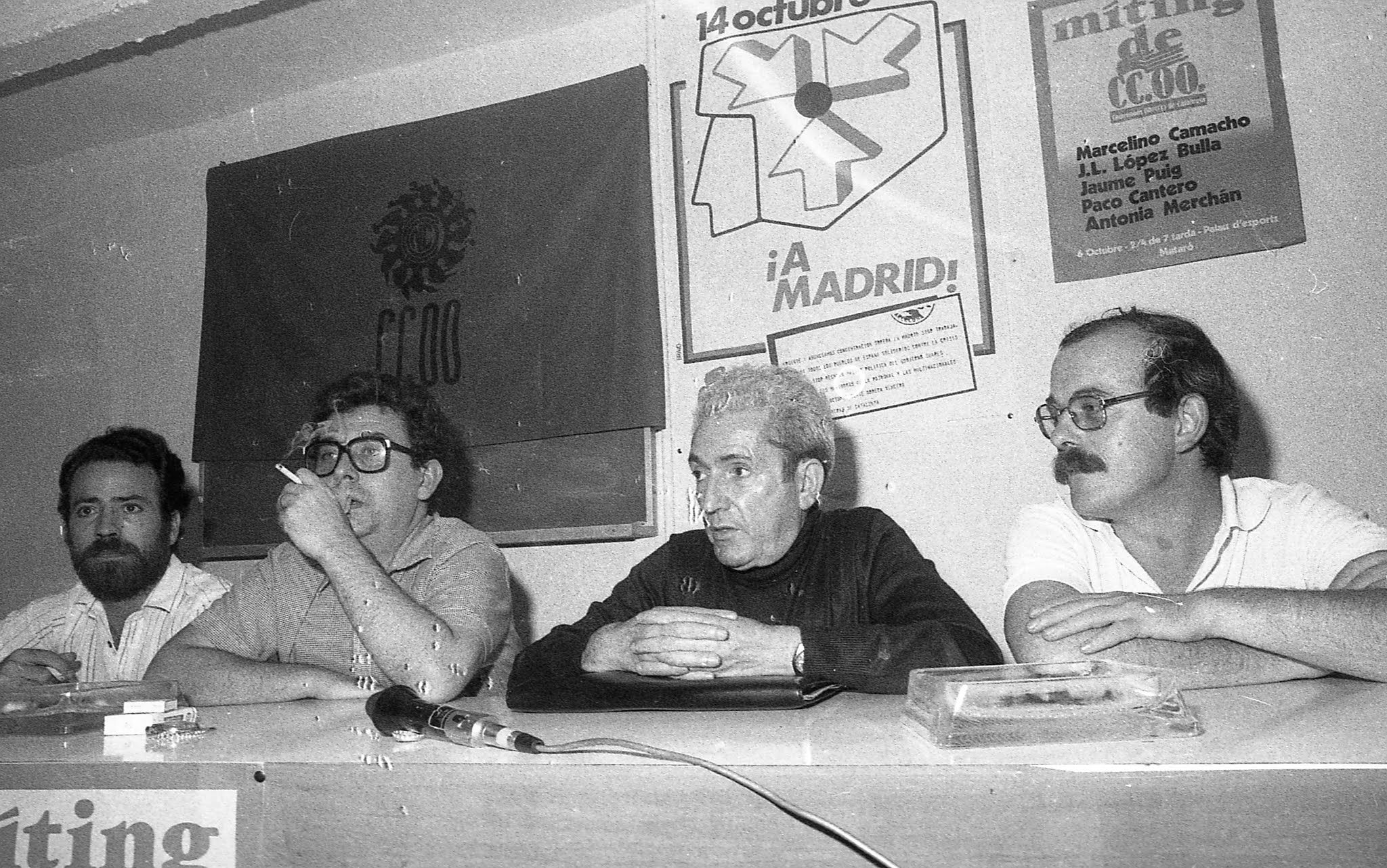 Una roda de premsa de CCOO a Mataró, l'octubre de 1979. D'esquerra a dreta: Paco Cantero, López Bulla, Marcelino Camacho i Jaume Puig