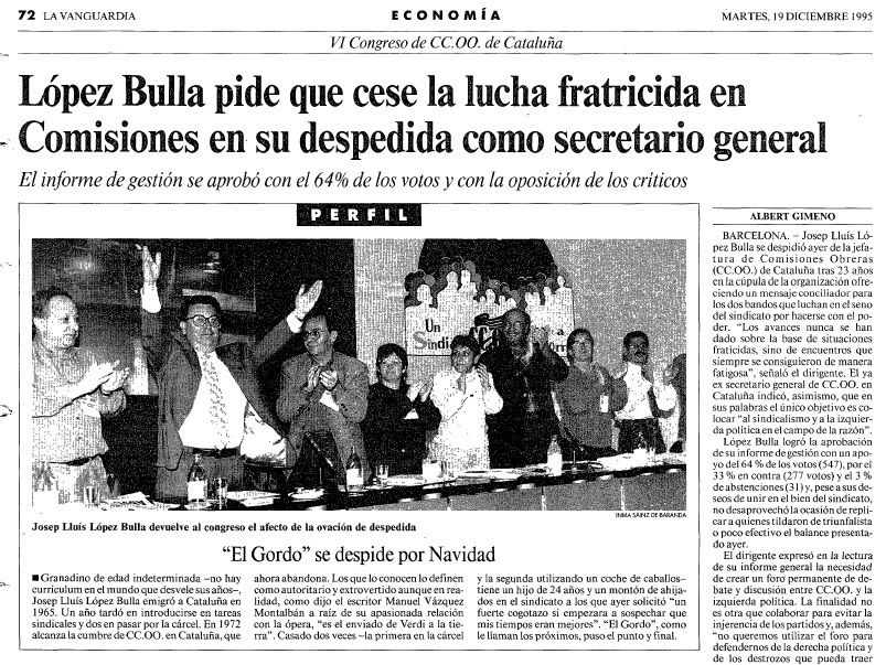 Notícia del comiat de López Bulla com a secretari general de Comissions Obreres de Catalunya (La Vanguardia, 19 de desembre de 1995)