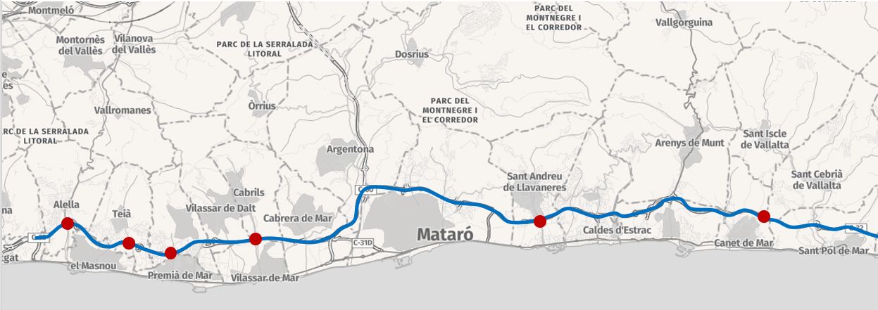 La C-32 a su paso por el Maresme, con los puntos donde habrá nuevos accesos